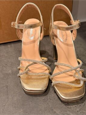 Gold Strappy High Heel Sandals with Rhinestone Detail